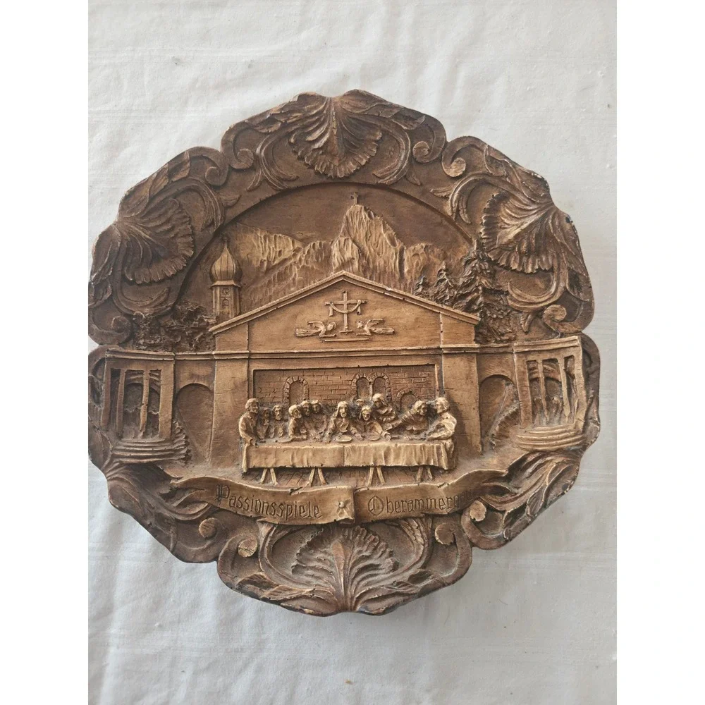 Vintage Wooden Carving The Last Supper Wall Plaque Mountain Scene Decor